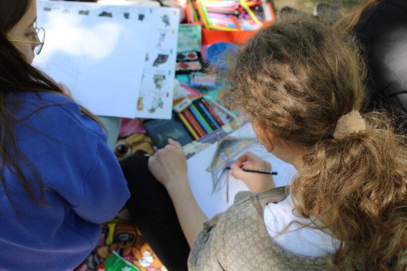 Dwie dziewczyny uczestniczą w plenerze, rysują zabytkowe budynki zgromadzone na terenie muzeum.
