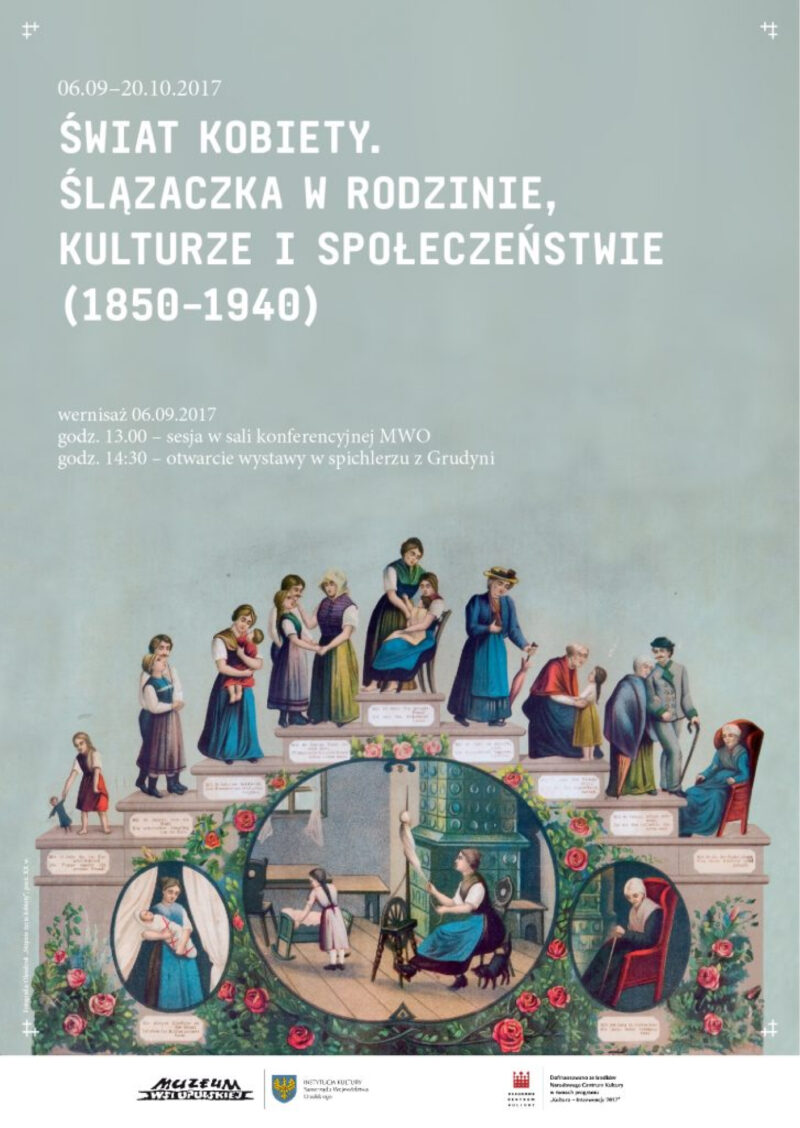 Plakat promujący wystawę czasową o życiu codziennym Ślązaczki.