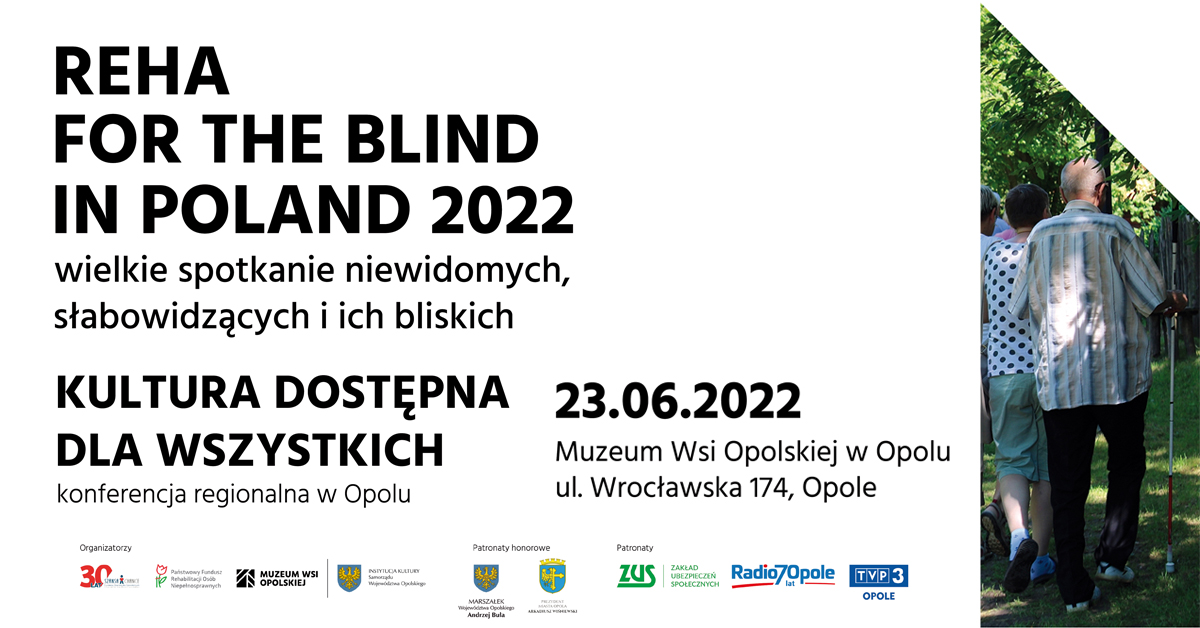 Plakat promujący konferencję regionalną Reha for the Blind in Poland. Białe tło, czarny tekst, kod qr, zdjęcie prezentujące mężczyznę z laską.