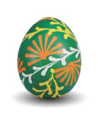 Jajko-pisanka-z-motywami-półrozek-i-jodelek-w-kolorach-biało-pomaranczowo-zoltym-tlo-zielone.