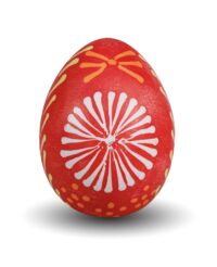 Jajko-pisanka-z-motywami-rozetek-w-kolorach-bialym-i-pomaranczowym-tlo-czerwone.