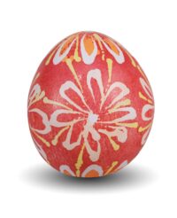 Jajko-pisanka-z-motywami-kwiatowymi--w-kolorach-biało-pomaranczowym-tlo-czerwone.