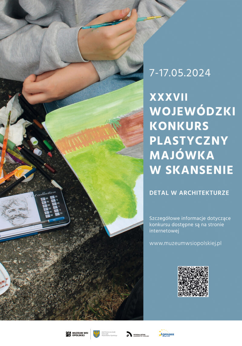 Plakat informacyjny na temat konkursu plastycznego Majówka w skansenie 2024.